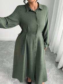 Elenzga 大码女式优雅正式办公室通勤休闲度假复古教师秋季中东纯色皱褶面料衬衫领前开腰系蝴蝶结中长连衣裙 - 軍綠色 - 查看 7
