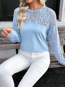 SHEIN Blusa holgada de cuello redondo con parches de encaje elegante y casual para mujeres - Azul - Ver 3