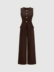 Sweetra 1 Set Solid Color Single-Breasted Vest, Pleated Wide-Leg Pants Suit