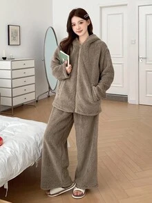 DAZY 女士加厚抓绒休闲连帽宽松家居服套装，秋冬保暖蓬松睡衣，舒适套装 - 卡其色 - 查看 6