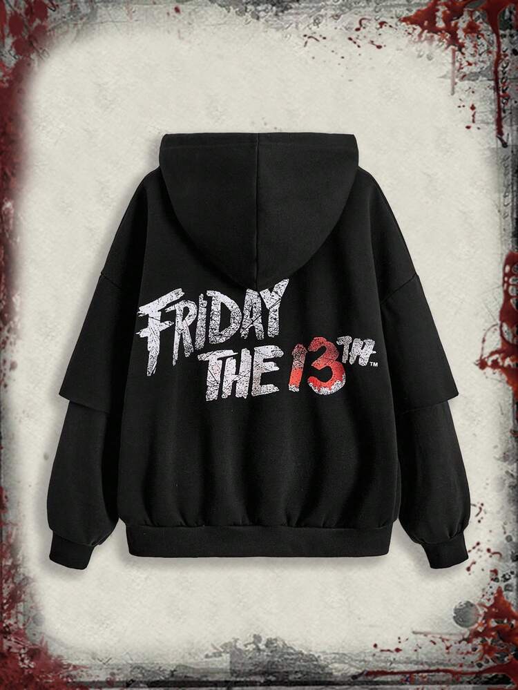 Friday the 13th X ROMWE 女士口罩图案长袖连帽二合一运动衫 - 黑色 - 查看 8