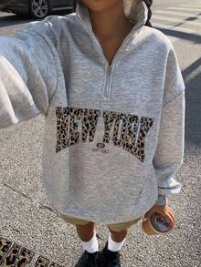 Attitoon Women's Loose Half-Zip Collar Fleece Vintage New York English Print Sweatshirt, Suitable For Autumn/Winter, Street Style, Airport, Outdoor Wear,Fall - Grey - View 4