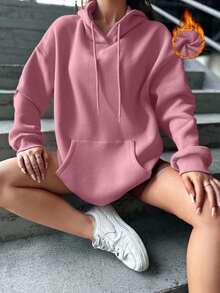 EURMUSE Cotton Pocket Drop Shoulder Drawstring Thermal Hoodie - Dusty Pink - View 1