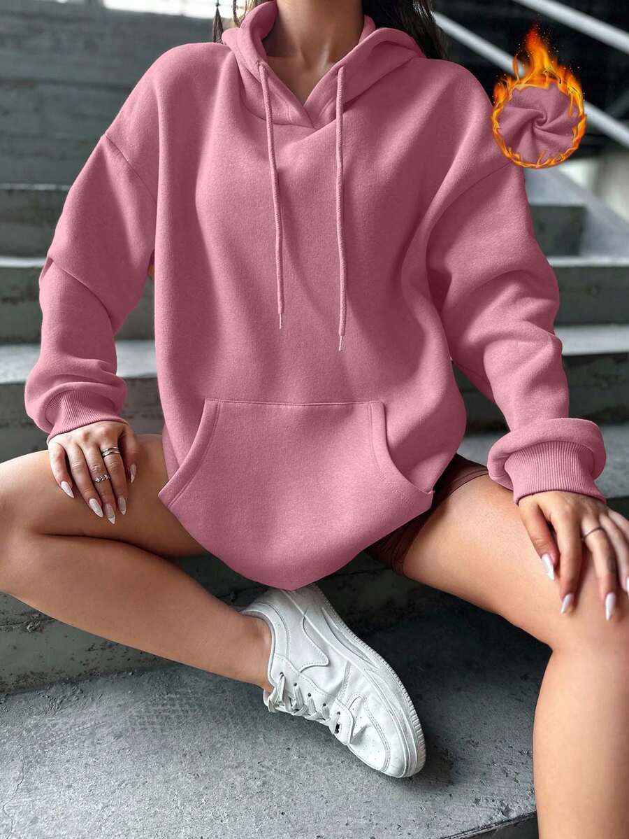 EURMUSE Cotton Pocket Drop Shoulder Drawstring Thermal Hoodie - Dusty Pink - View 1