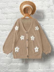 SHEIN LUNE Plus Size Women's Solid Color Knitted V-Neck Daisy Embroidered Single-Breasted Lantern Sleeve Casual Cardigan Sweater, Autumn/Winter