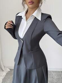 Elenzga 女士优雅百搭办公室通勤装，高端二合一设计长袖西装外套 + 中长款百褶裙套装，秋冬 - 灰色 - 查看 8