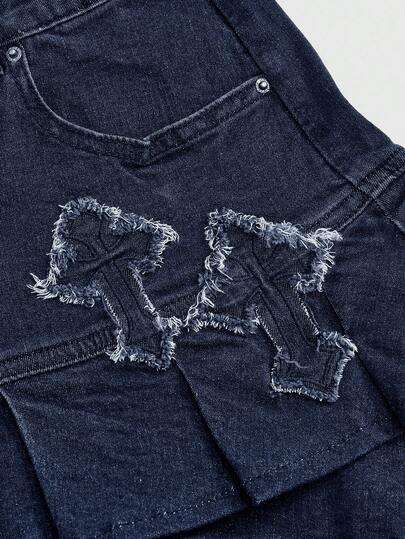 Grunge Punk Jupe mini en jean noir à double couche, ourlet effiloché avec broderie croisée, style vintage Y2K, bleu foncé