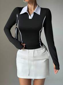 Dewbera Women's Long Sleeve Sports Polo Shirt, Contrast Color Polo Collar, Side Mesh Panels And Contrast Stripes, Suitable For Daily Casual, Running, Yoga, Gym, Tennis, Golf, Autumn/Winter/Spring - Multicolor - View 3