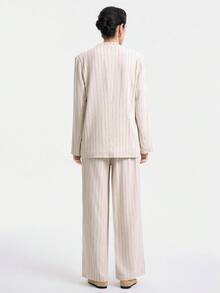 SHEIN LUNE Casual Minimalist Linen Long Sleeve V-Neck Loose Straight Striped Textured Fabric Women's Suit Set, Autumn/Winter - Khaki - View 7