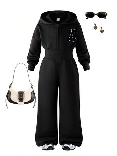 Sparklyn Girls' Casual Daily Sports Black Long Sleeve Hooded Zipper Jumpsuit, Comfortable Waist-Cinched Minimalist Jumpsuit For Autumn