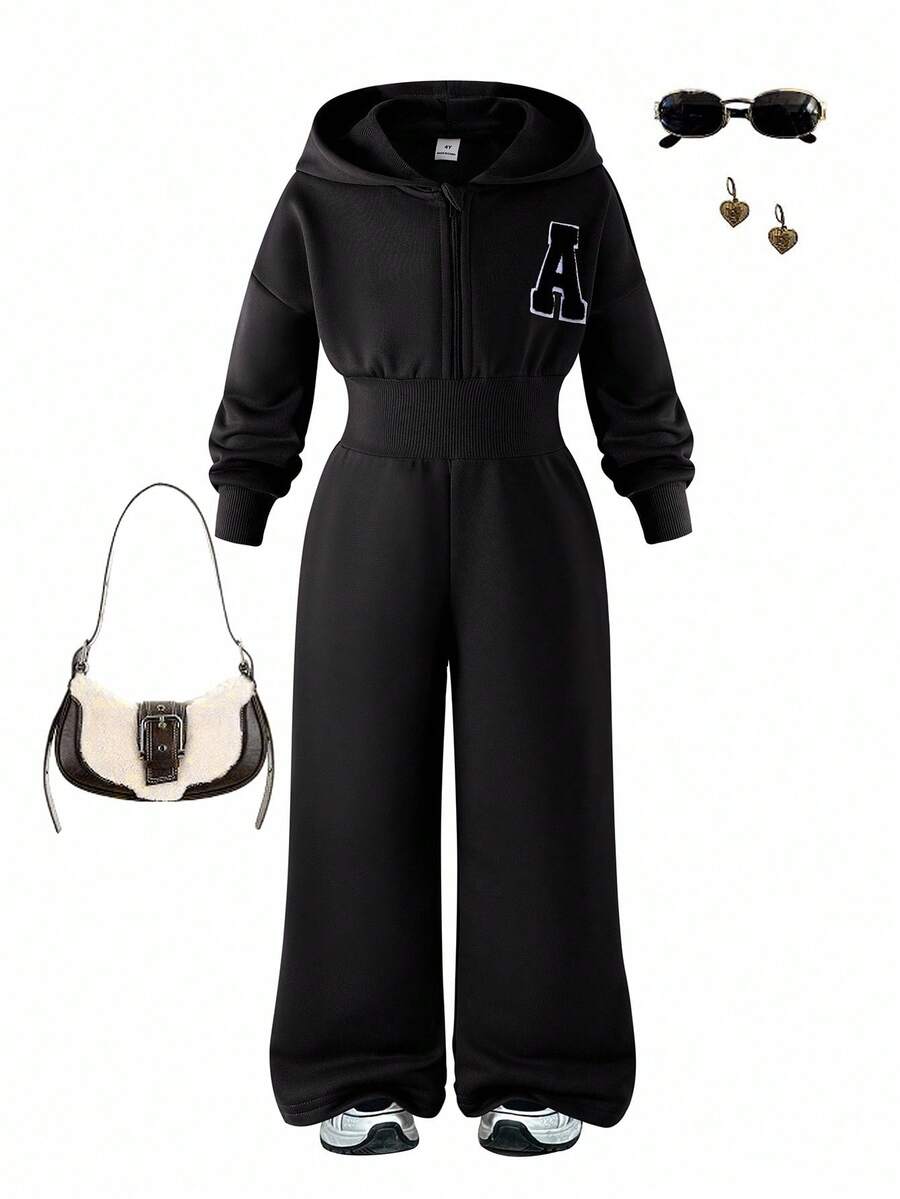 Sparklyn Bộ đồ liền thân thể thao hàng ngày màu đen dài tay có mũ trùm đầu, khóa kéo, thoải mái, bó eo, phong cách tối giản cho mùa thu - màu đen - Xem 1