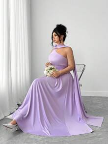 Elenzga Plus Size Women Purple Long Knitted Dress With 3D Floral Decor, Suitable For Parties - Purple - View 1