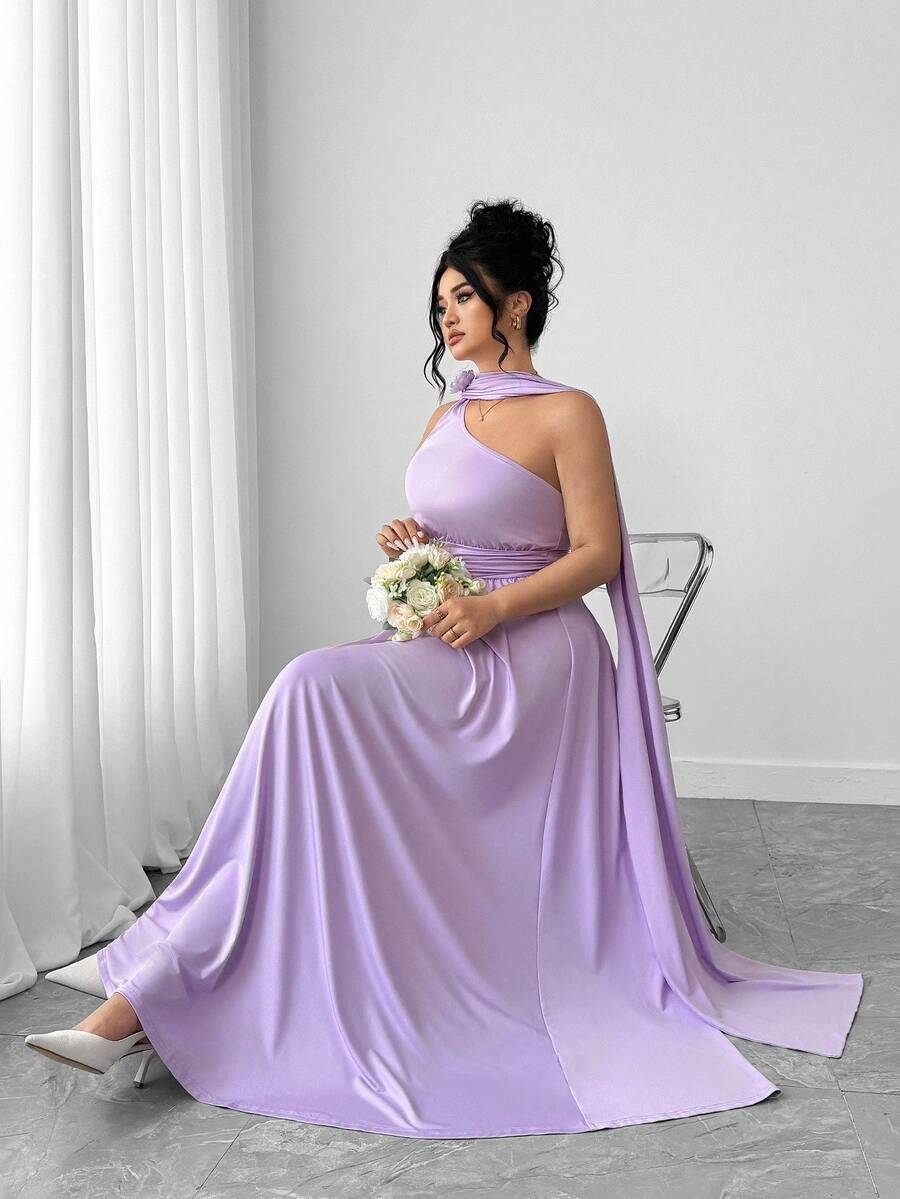 Elenzga Plus Size Women Purple Long Knitted Dress With 3D Floral Decor, Suitable For Parties - Purple - View 1