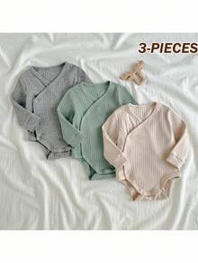 Loomiva 3pcs/Set Newborn Baby Solid Color V-Neck Ribbed Long Sleeve Bodysuit Baby Knitwear Baby Sweater Bodysuit Neutral Baby Clothes Unisex Baby Neutral Color Clothes Newborn Baby Bodysuit Fall Winter