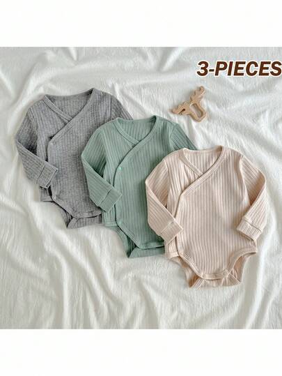 Loomiva 3pcs/Set Newborn Baby Solid Color V-Neck Ribbed Long Sleeve Bodysuit Baby Knitwear Baby Sweater Bodysuit Neutral Baby Clothes Unisex Baby Neutral Color Clothes Newborn Baby Bodysuit Fall Winter