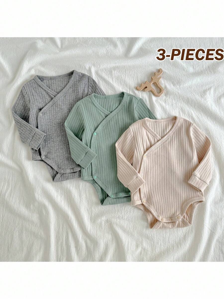 Loomiva 3pcs/Set Newborn Baby Solid Color V-Neck Ribbed Long Sleeve Bodysuit Baby Knitwear Baby Sweater Bodysuit Neutral Baby Clothes Unisex Baby Neutral Color Clothes Newborn Baby Bodysuit Fall Winter