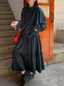 DAZY 女士圆领半拉链荷叶边牛仔上衣和长款牛仔裙休闲牛仔套装 - 深色水洗藍 - 查看 4