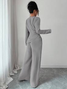 SHEIN Raffinéa 2 件套女士圆领纯色褶皱不对称下摆长袖上衣端庄两件套 2 件套休闲套装女士灰色 2 件套 2 件套女士优雅舒适两件套 - 灰色 - 查看 2