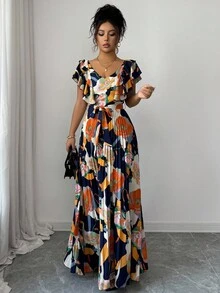 Elenzga Vestido elegante y romántico para mujer con cuello en V, estampado digital, volantes en la cintura y corte evasé, estilo vacacional - Multicolor - Ver 5