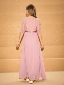 Girls' Flowing Lace Patchwork Chiffon Flared Dress With Square Neck, Suitable For Wedding, Prom, Birthday Party, Back To School, Graduation, Christmas, Halloween Fall Winter - Dusty Pink - View 2