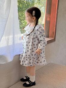 SHEIN 女童长袖碎花荷叶边领连衣裙，秋冬款 - 杏色 - 查看 5