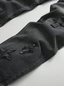 Manfinity EMRG Y2K 复古街头服饰男款浅蓝色水洗牛仔宽腿裤，带星星贴片 - 深灰色 - 查看 5