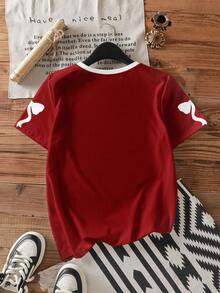 SHEIN EZwear Casual Minimalist Number 23 & Bow Print Round Neck Short Sleeve Loose Women T-Shirt,Red Top