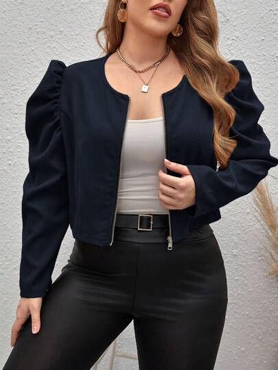 SHEIN Clasi 秋季大码女式纯色前开插肩袖休闲夹克