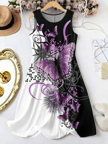 EMERY ROSE Váy cổ tròn in họa tiết bướm tím cỡ lớn cho nữ, váy chữ A không tay in họa tiết động vật thường ngày, thiết kế phối màu đen trắng, thích hợp mặc đi biển, du lịch, tiệc tùng và mặc hàng ngày - Nhiều màu - Xem 1