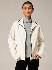 Hanevo Women's Elegant Leather Patchwork Double-Zipper Long Sleeve Jacket - Black and White - View 3