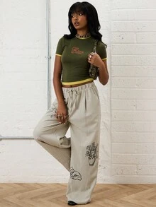 COUREZ 双层标语婴儿T恤/Y2K外出女装春季哥特俱乐部女装性感 - 軍綠色 - 查看 2