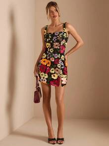 SHEIN BAE Winter Women's Cocktail Party Nightclub Event Outing: Solid Black Mini Dress With Exquisite 3D Floral Square Neck, Elegant Cocktail Party Dress, Suitable For Nightclub, Party, Formal Occasions, Holiday Events, Christmas,Floral Dress - Black - View 6