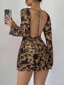 Firerie Women Floral Print Mini Tie-Back Long Sleeve Casual Short Dress