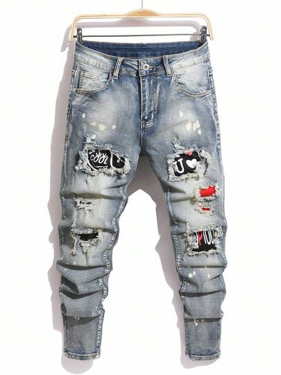 Manfinity Roughcore Jeans casuales con bolsillo con estampado de letras y desgastados para hombre