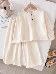 SHEIN 男童宽松舒适休闲华夫格T恤套装，韩版 - 杏色 - 查看 1