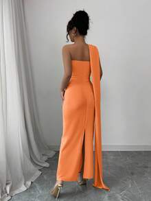 Selianne Apricot Women's Elegant Fashion Party Dress,Asymmetric Shoulder, Ruched Waist, Bodycon, Backless, Glitter, Knit, Stretchy, Comfortable, Suitable For Dates, Parties, Valentine's Day, Long Maxi - Orange - View 2