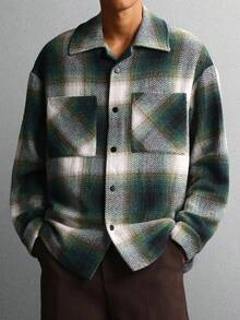 SUMWON Kariertes Sherpa-Flanell-Überhemd, schweres Gewicht, lässiges Winter-Knopfhemd-Jacke mit Fronttaschen und klassischem Kragen, Fischgrätmuster - Grün - Übersicht 1