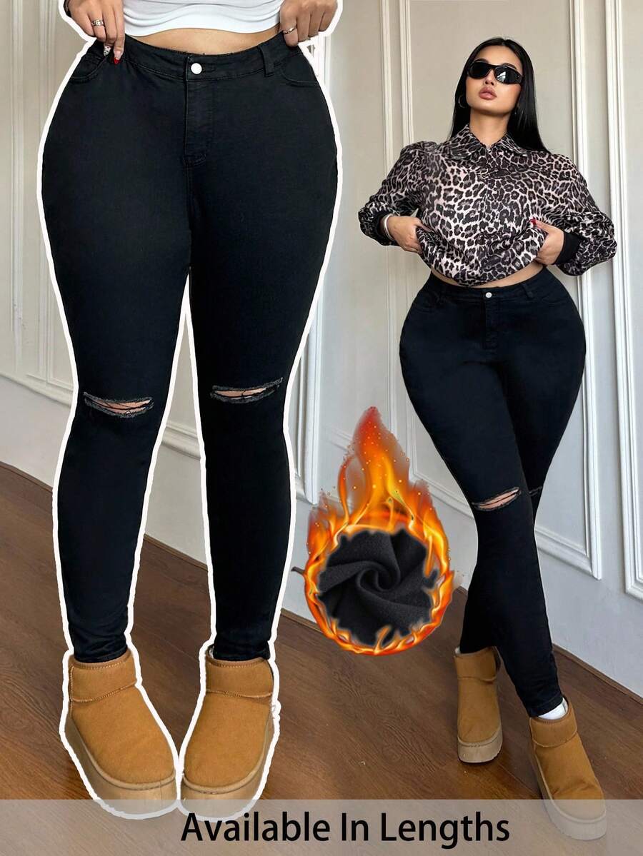 SHEIN PETITE CURVE Plus Size Fall Autumn Winter Halloween Christmas Y2k Cute Streetwear Goth Grunge Techno Outfit Birthday Outfit Night Out Going Out Club Outfit Airport Outfit Casual Versatile Solid Color Distressed Skinny Black Black Jeans Fleece-Lined Jeans Plus Size High-Waisted Black Ripped Skinny Jeans For Daily Wear Plus Size Black Skinny Jeans With Ripped Knees And Flattering Fit