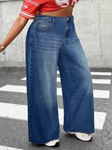 SHEIN Tall CURVE 大尺碼女款休閒賽車風 1960s 寬鬆寬腿牛仔褲，鈕扣與鬆緊腰設計，時尚週淺藍色，適合夏季正式場合與約會之夜 - 中等水洗藍 - 查看 5