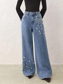 Selenza Women's Fashion Commuter Studded Decoration Wide-Leg Jeans - Blue - View 3