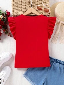 SHEIN Tween Girl Bow Front Ruffle Trim Tee,Holiday,Summer,Travel