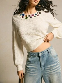 SoleilVie 女士百搭休闲彩色水钻装饰圆领长袖毛衣 - 杏色 - 查看 1