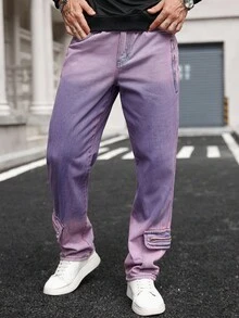 Manfinity LEGND Men's Personalized Washed Purple High Street Loose Straight Jeans - Purple - View 3