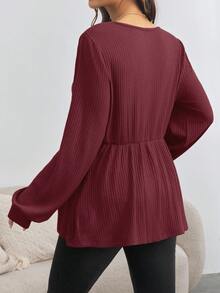 SHEIN Maternity V-Neck Long Sleeve Loose T-Shirt With Buttons, Fall Clothes - Burgundy - View 2