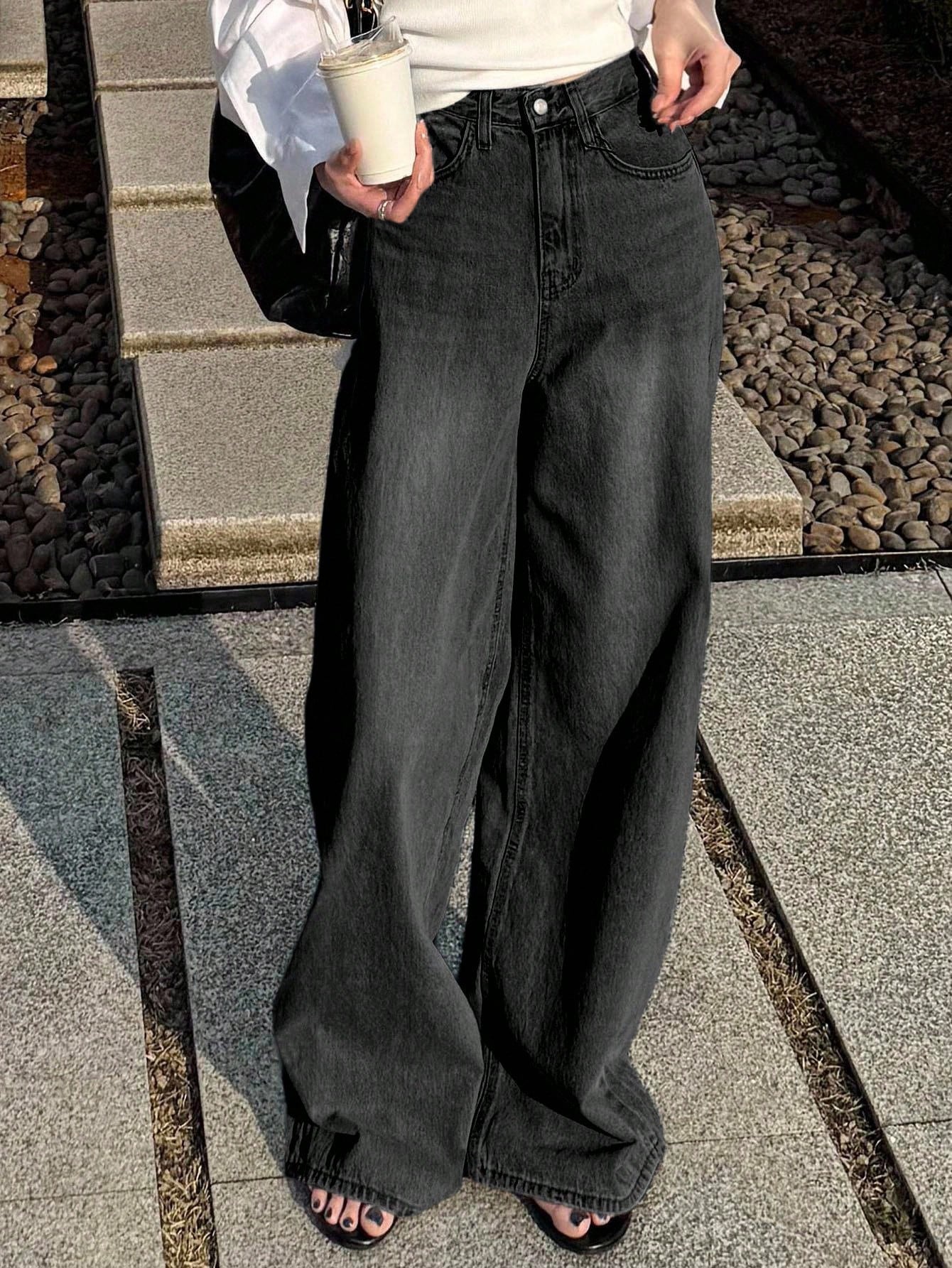 DAZY بنطلون جينز واسع الخصر مخصر، مستقيم الساق، بس...