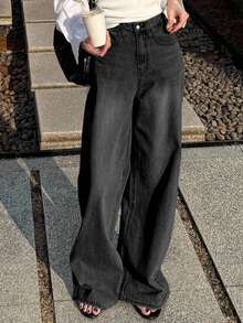 DAZY Jeans droits taille haute ample amincissants, minimaliste et polyvalent, pantalon confortable à longueur cheville pour femmes