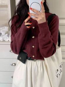 DAZY Women's Burgundy Knitted Cardigan, Elegant Business Casual Commuter Wear For Autumn And Winter, Suitable For New Year And Christmas