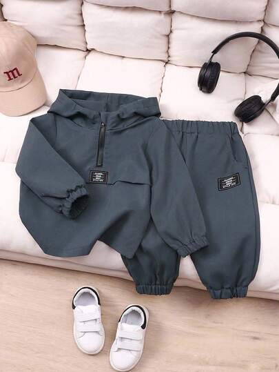 SHEIN Playful Pals 2pcs Baby Boys' Hooded Sweatshirt And Long Pants Set, Autumn