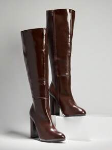 SHUZIA Giày bốt cao đến đầu gối đế vuông thoải mái cho nữ có khóa kéo bên hông - Màu nâu Sô-cô-la - Xem 5