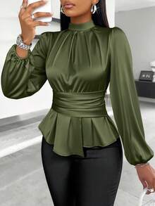 SOLERSUN 女式休闲高领荷叶边腰缎面衬衫荷叶边上衣 - 橄欖綠 - 查看 4